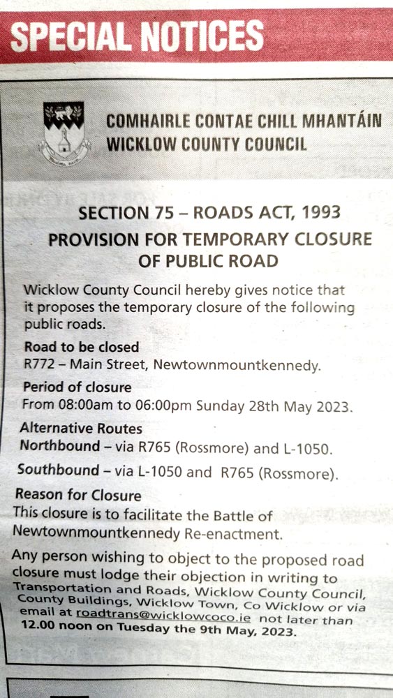 Road Closure - Wicklow people advertisement May 3rd 2023